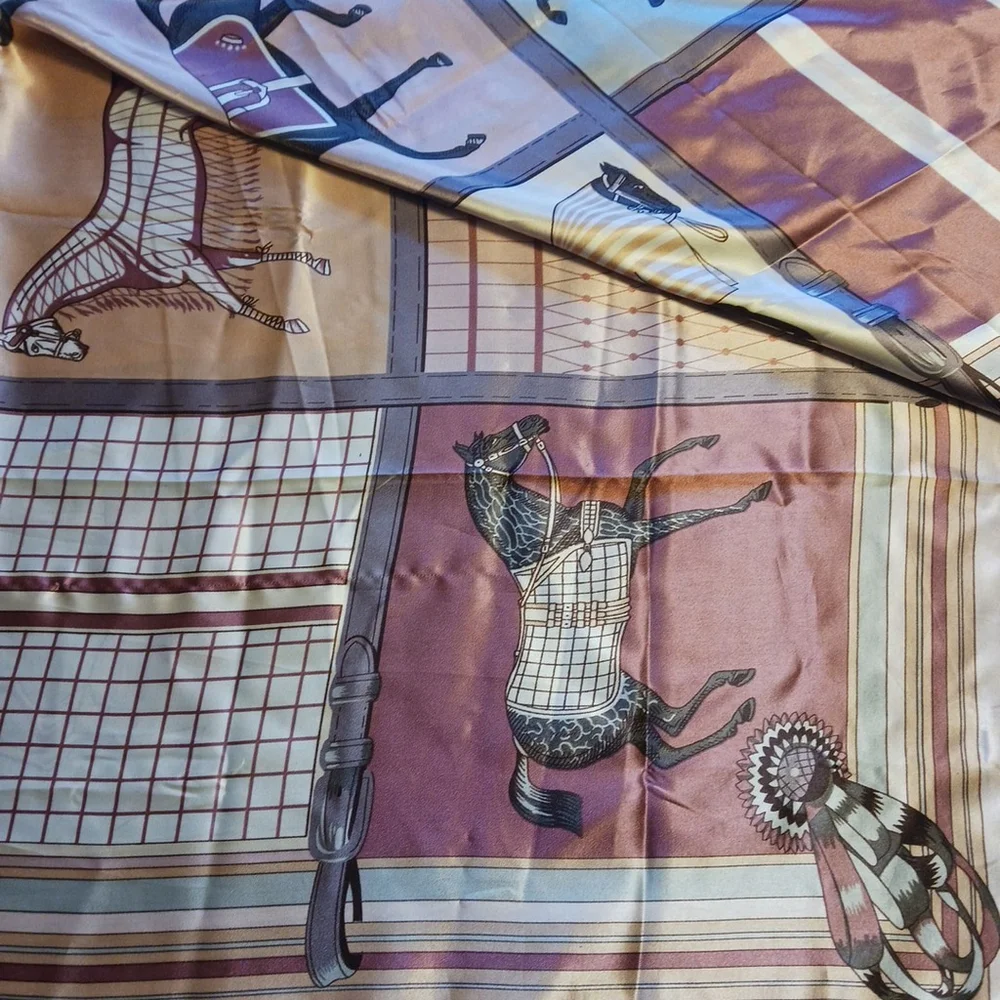Vintage Equestrian Satin Horse Scarf Pastel Patchwork Large